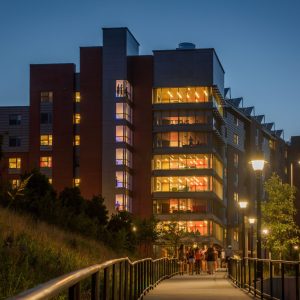 UConn Connecticut Hall Exterior at night.